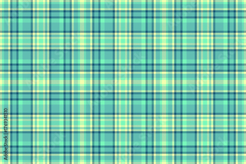 Close-up fabric textile pattern, tidy plaid tartan texture. Handkerchief check seamless vector background in teal and lime colors.