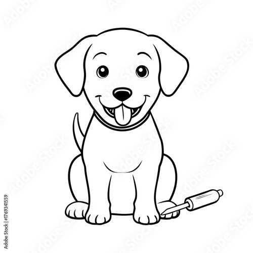 Cute cartoon puppy sitting happily with a wagging tongue and a leash in a simple line art style