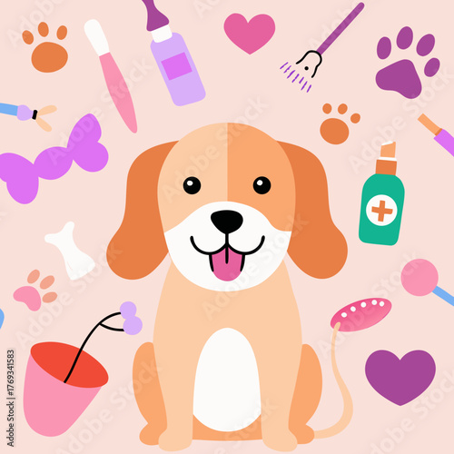 Cute puppy surrounded by colorful pet care items and dental hygiene tools in a playful, graphic design