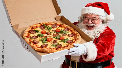 jovial Caucasian Santa Claus holds pizza box with pepperoni and vegetables, smiling broadly in light gray setting, conveying delight, winter holiday spirit, joyful indulgence, festive cheer