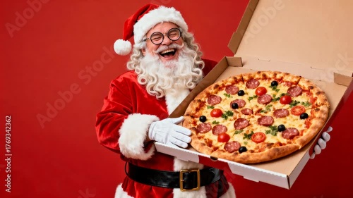 jovial Caucasian Santa Claus holds pizza box with pepperoni, olives, and tomatoes against solid red backdrop, creating joyful and festive mood, winter holiday spirit, family celebration