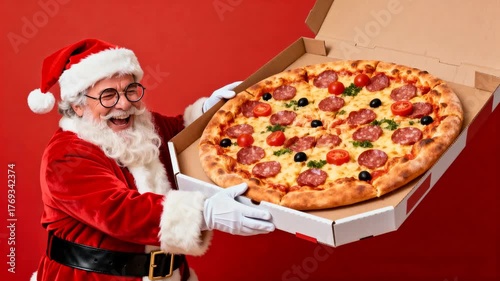 jovial Santa in red holds open pizza box with pepperoni, olives, and tomatoes, smiling broadly against solid red background, conveying warmth and holiday cheer., joyful celebration, delicious food