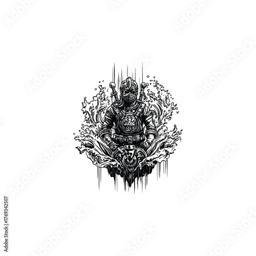 Black and white vintage engraving illustration of a deep-sea diver in an old-fashioned helmet and suit, emerging from or surrounded by splashing water.