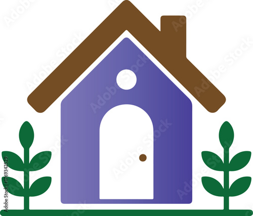 Simple home icon with yard plants in green and purple hues