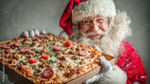 jovial Caucasian Santa Claus holds pizza box with pepperoni, cheese, and herbs, radiating festive cheer in traditional red and white attire, conveying joyful atmosphere., joyful family moment