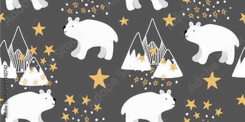 Arctic Night with Playful Polar Bears and Golden Stars