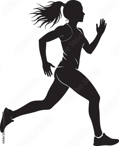 Solid Black Silhouette of Woman Running with Ponytail – Athletic Fitness Vector Illustration on White Background