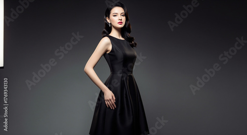 Elegant young woman wearing black dress posing in studio with classic lighting fashion portrait