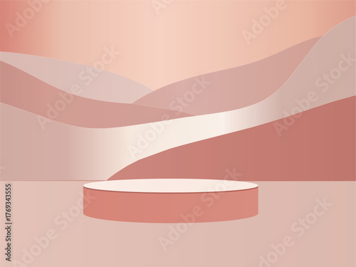 A minimalist rose gold podium with a backdrop of layered hills, perfect for showcasing cosmetic products or elegant design elements in presentations