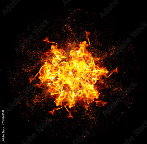 Fotografie A bright, symmetrical fire explosion with intense yellow and orange flames