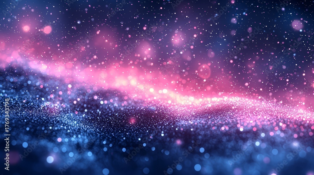 Obraz premium Abstract cosmic background featuring vibrant pink and blue bokeh lights, shimmering particles, and a dreamy atmosphere, creating a sense of wonder and infinite possibilities