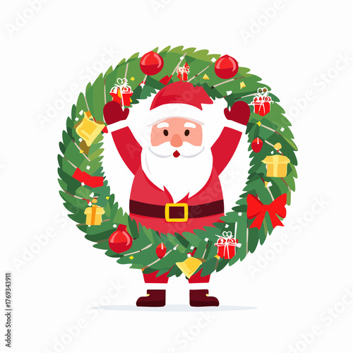 Shy Santa Claus Peeking from Festive Christmas Wreath Vector Illustration