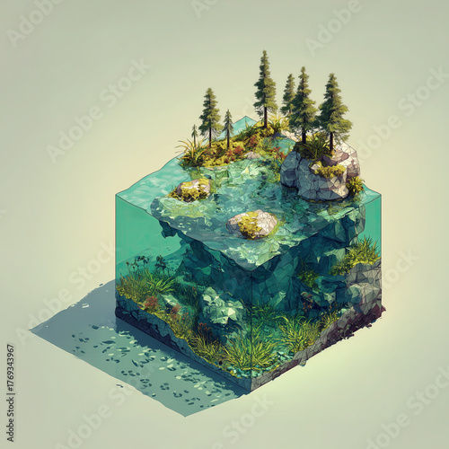 Isometric cartoon illustration of a square diorama of small islands with trees in the sea