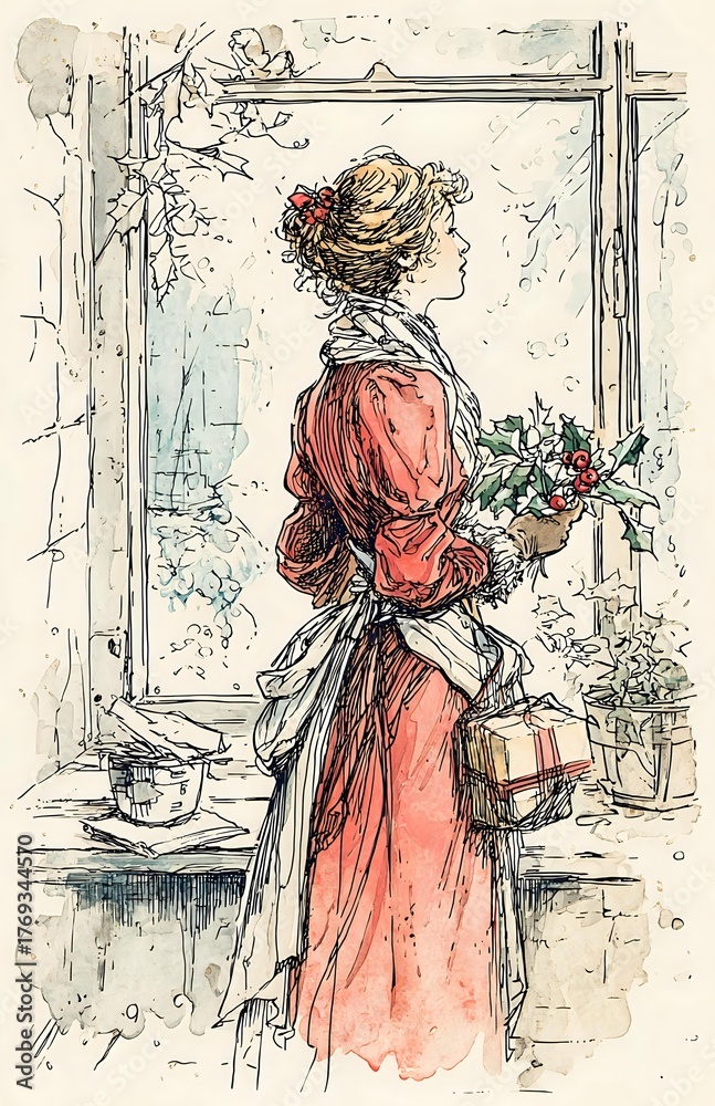 custom made wallpaper toronto digitalVintage watercolor sketch of young woman in Victorian red dress and apron holding holly branches and gift box, standing by window in winter scene. Period artwork style.