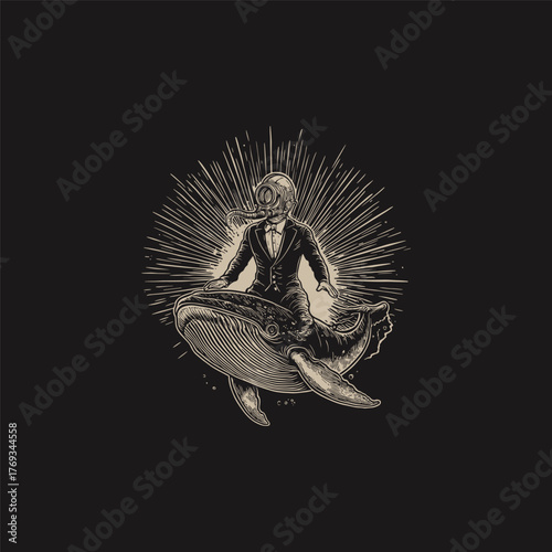 Surreal vintage illustration of a gentleman in a suit and old-fashioned deep-sea diving helmet, riding a whale, rendered in sepia tones with a radiating light burst background