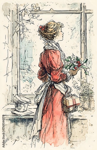 Wallpaper Mural Vintage watercolor sketch of young woman in Victorian red dress and apron holding holly branches and gift box, standing by window in winter scene. Period artwork style. Torontodigital.ca