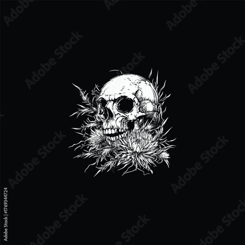 illustration of a human skull surrounded by chrysanthemum flowers and wild foliage, isolated on a solid black background.