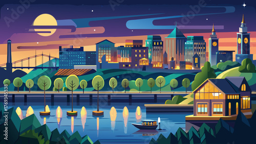 Very beautiful Delaware River waterfront section of Trenton, New Jersey, illuminated by glowing city lights at dusk, reflecting shimmering colors on the calm river in a peaceful urban atmosphere.