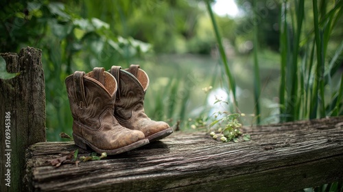 Adorable Baby Cowboy Boots Resting on Wooden Fence Surrounded by Lush Green Grass and Nature's Serenity