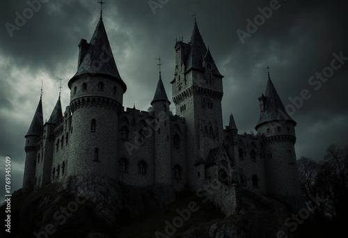 At Halloween, an ancient vampire castle looms under a cloudy sky, creating a spooky atmosphere. Its tall towers and stone walls evoke tales of mystery and legend Generative AI