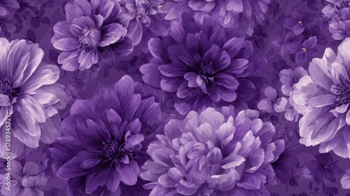 Elegant close-up of deep purple dahlia blossoms on a seamless background of small flowers and leaves