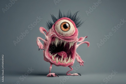 Abstract Representation of an Annoying Internal Voice â€“ Visceral Creature with Big Eye, Sharp Teeth, and Distorted Limbs Emphasizing Stress and Frustration