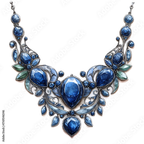 Sapphire Necklace, watercolor painting vector, isolated on a white background.