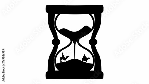Time is fleeting, hourglass silhouette of desert camels evokes adventure and timelessness