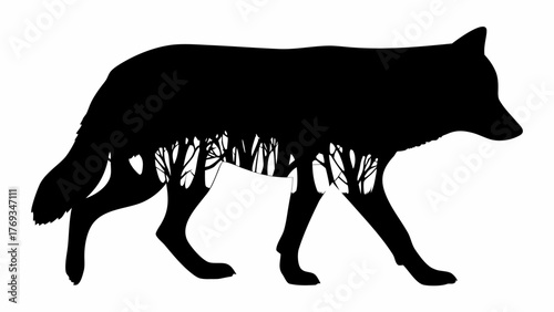 Powerful wolf silhouette with forest trees, representing nature's beauty and animal conservation