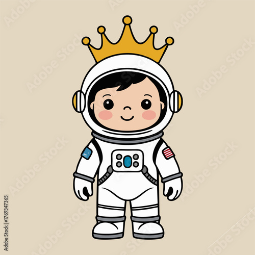 A charming illustration of a cute astronaut king with a big smile, standing on the surface of a glowing planet, wearing a glittering crown and cape, as he welcomes visitors from distant galaxies.