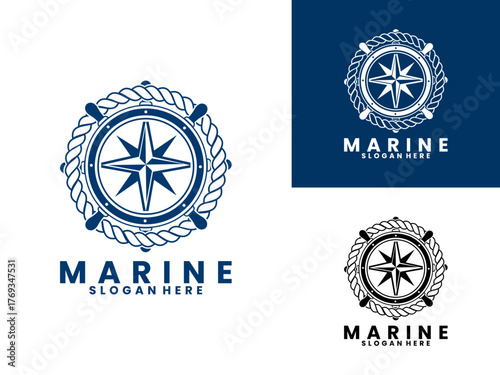 Marine with ship's steering wheel, rope and compass logo design vector template