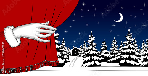 A woman's hand pulls back the red curtain and reveals a winter night landscape with a snow-covered fir forest and a starry sky. Vector illustration invintage 
engraving style