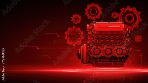 Conceptual illustration of an internal combustion engine in a digital red overlay