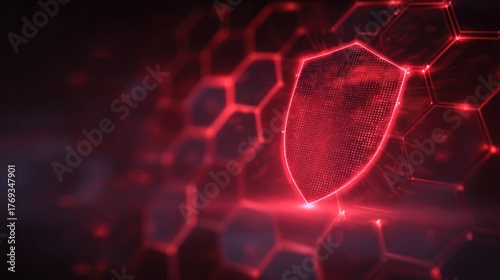 Abstract red digital shield graphic over a blurred background representing security