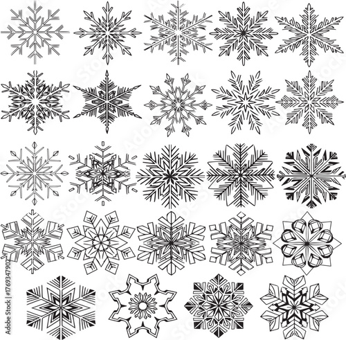 A vector seamless pattern composed of various winter snowflake shapes. Ideal for backgrounds, gift wraps, or textile designs, conveying a cold, festive atmosphere