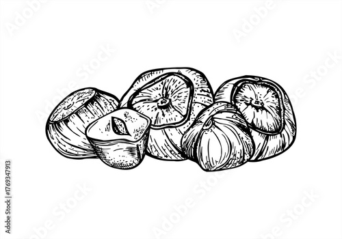 Whole and broken hazelnut pile monochrome vector isolated illustration. Etching hand drawing of nut peeled and nuts in shell. Healthy food snack for lifestyle blog, culinary recipe, product design