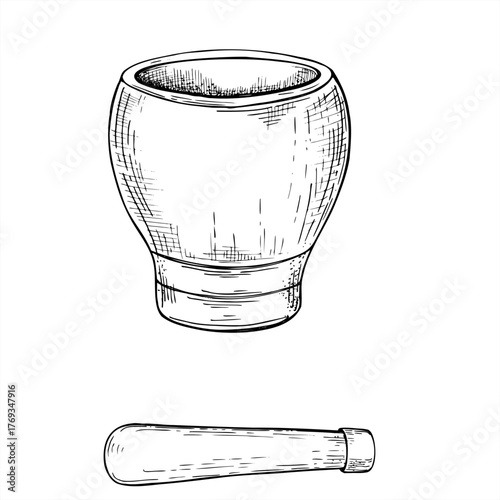 Empty mortar and pestle set vector black and white drawing. Kitchenware pot for grinding spices, plants line ink illustration. Kitchen utensil for cook book, recipe design, product catalog