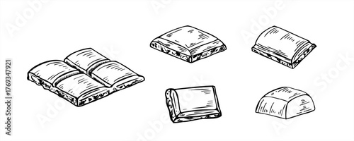 Chocolate set vector isolated line art black ink sketch. Piece of black or milk chocolate bar etching drawing. Sweet candy chunks illustration for book design, menu, food product decor