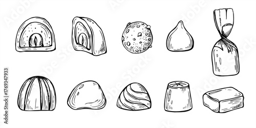 Chocolate candies of cross section, whole and with fillings inside vector isolated line art black ink illustration. Monochrome hand drawn sweets set. For cafe dessert design, recipes, invitation