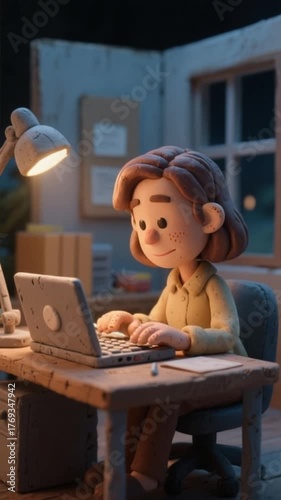 Woman Working on Laptop in Modern Office at night. Typing on a laptop. Plasticine animation
