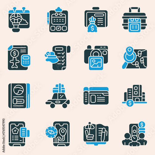 Modern business, finance, and travel icons. Illustrates planning, analytics, management, and digital solutions for applications and professional presentations
