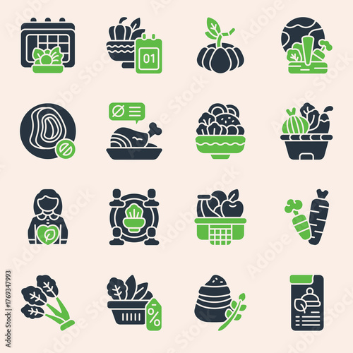 Collection of Fresh Produce Icons Festive Calendar, Gourds, Harvest Vegetables, and Seasonal Delights for Healthy Eating and Nutrition