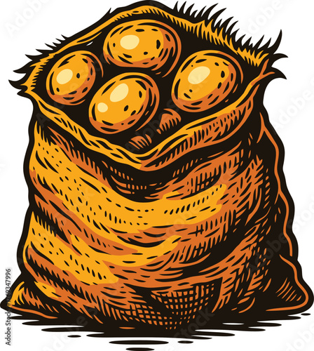 Sack filled with fresh potatoes symbolizing organic harvest and natural farm produce