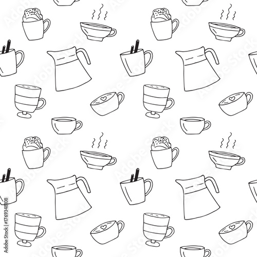 Tea and coffee seamless pattern, hand drawing, vector illustration