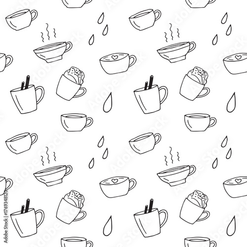 Coffee and droplets seamless pattern, hand drawn, vector illustration
