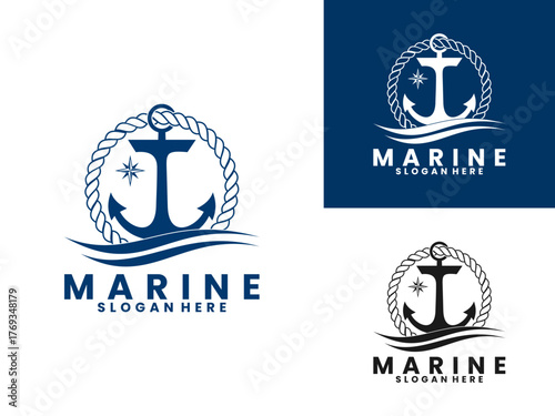 Marine anchor with rope logo design vector template