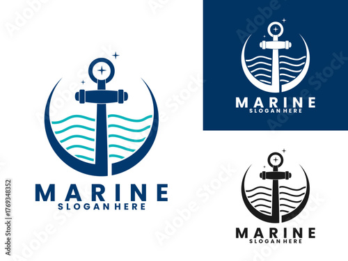Marine logo design vector. Anchor with water logo design vector template