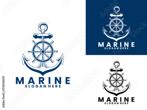 Anchor with steering wheel creative logo design vector template. Marine elegant company logo design icon