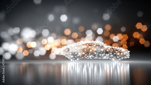 Abstract illustration of a car created from glowing points against a blurred background