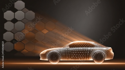Conceptual car design depicted with glowing dots and geometric hexagon shapes